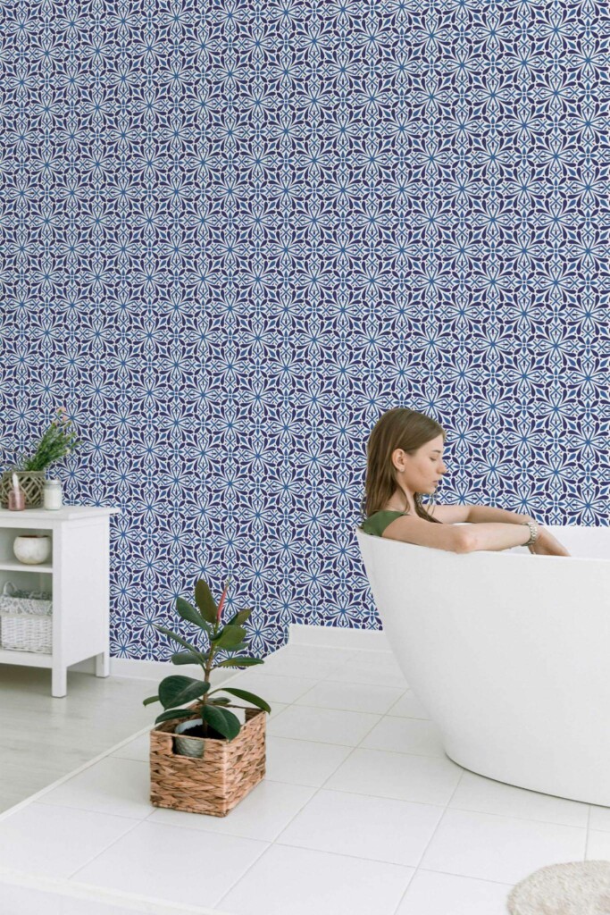 Minimal style bathroom decorated with Oriental tile peel and stick wallpaper