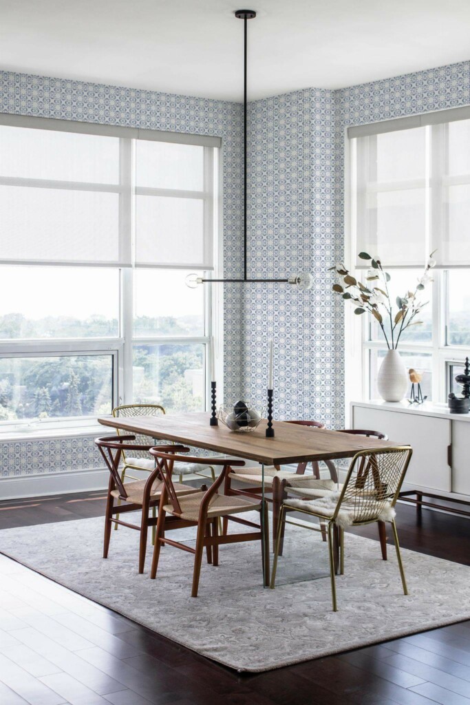 Modern minimalist style dining room decorated with Ornamental blue peel and stick wallpaper