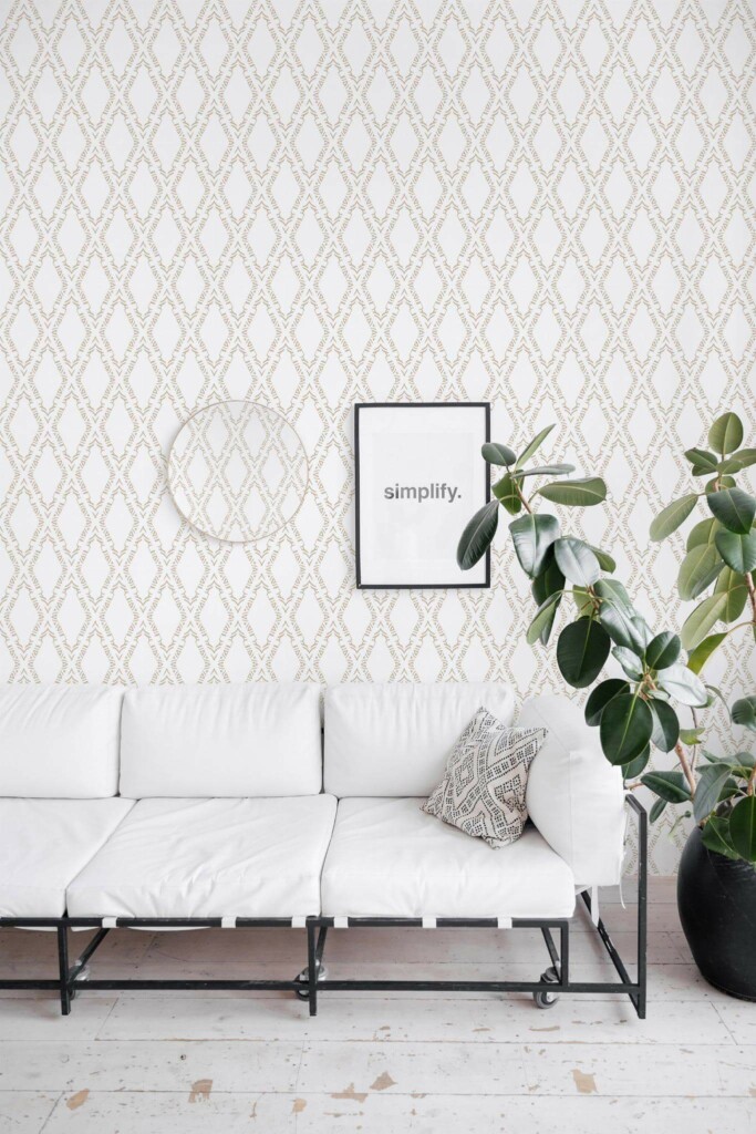 Minimal industrial style living room decorated with Ornamental diamond peel and stick wallpaper