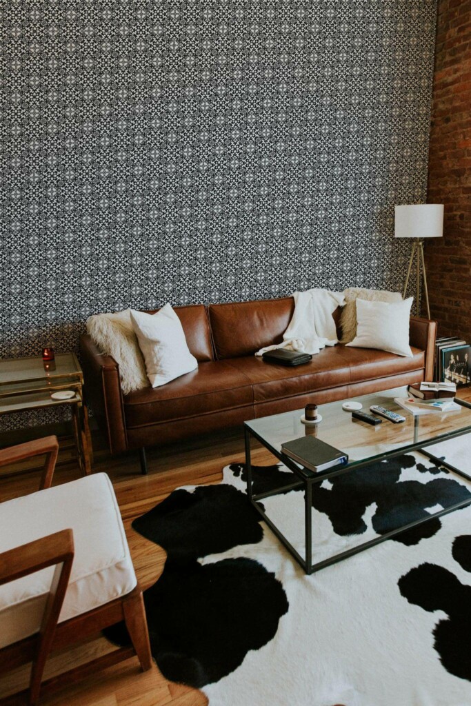Mid-century modern style living room decorated with Ornamental geometric peel and stick wallpaper