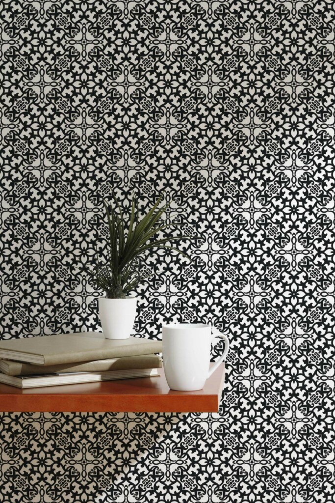 Scandinavian style accent wall decorated with Ornamental geometric peel and stick wallpaper