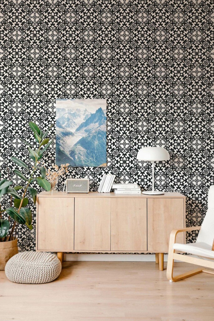 Scandinavian style living room decorated with Ornamental geometric peel and stick wallpaper