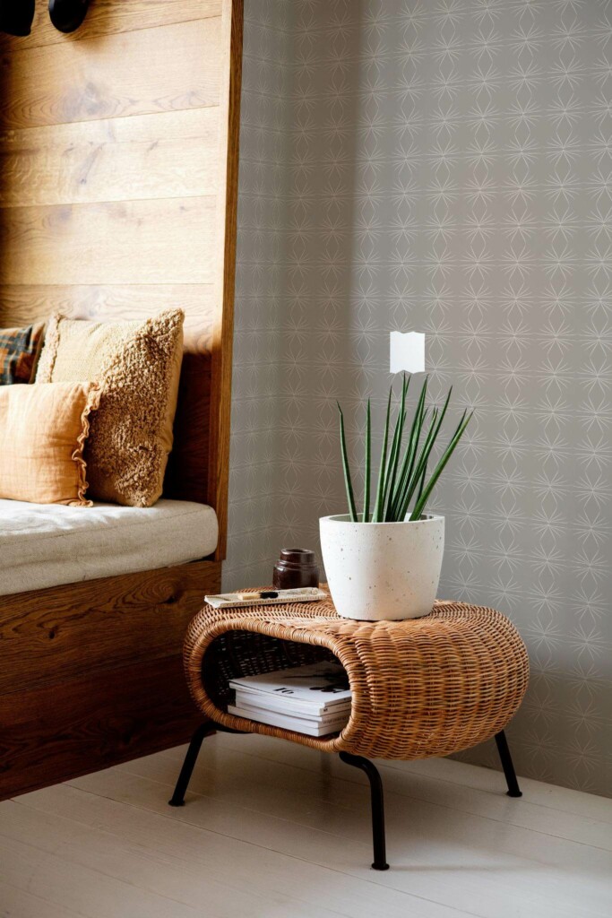 Mid-century modern style bedroom decorated with Ornamental peel and stick wallpaper