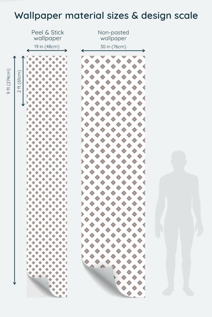 Size comparison of Ornamental square Peel & Stick and Non-pasted wallpapers with design scale relative to human figure