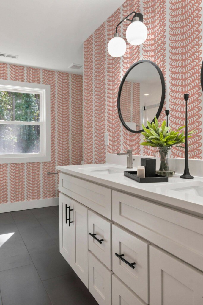 Scandinavian farmhouse style powder room decorated with Ornamental stripes peel and stick wallpaper