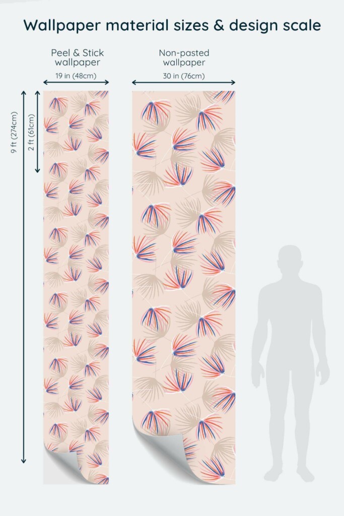 Size comparison of Overlapping floral Peel & Stick and Non-pasted wallpapers with design scale relative to human figure