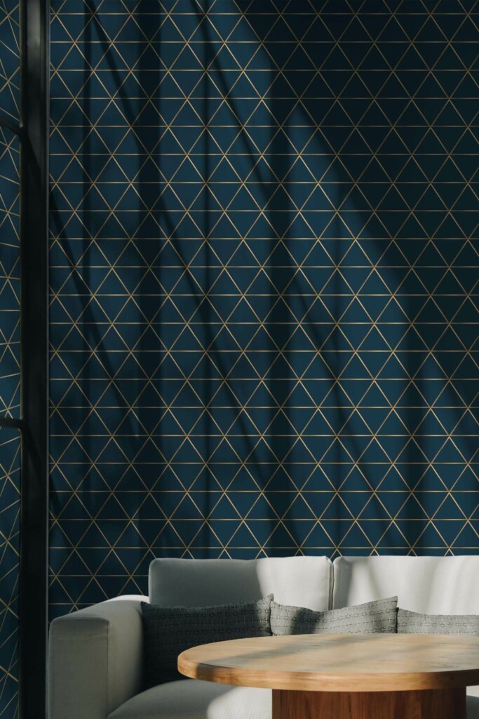 Scandinavian style living room decorated with Oxford blue geometric peel and stick wallpaper