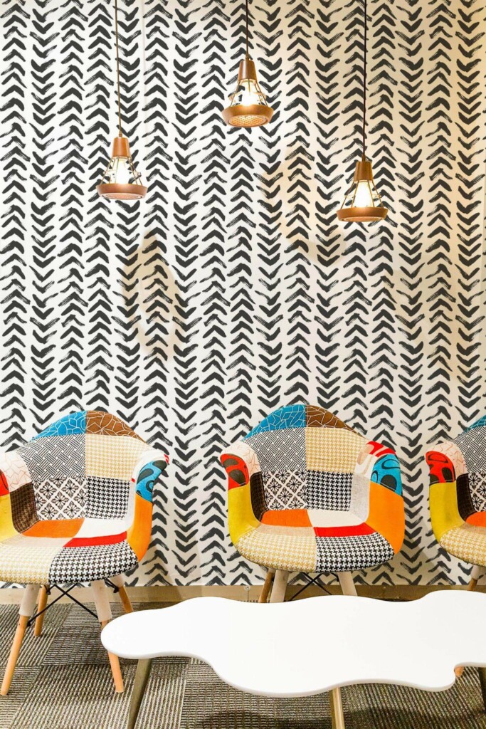 Mid-century modern style living room decorated with Paint brush herringbone peel and stick wallpaper