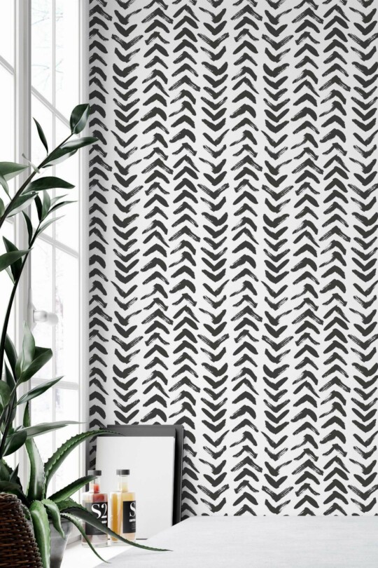 Minimal style home office decorated with Paint brush herringbone peel and stick wallpaper