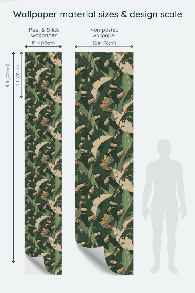 Size comparison of Painted banana leaf Peel & Stick and Non-pasted wallpapers with design scale relative to human figure