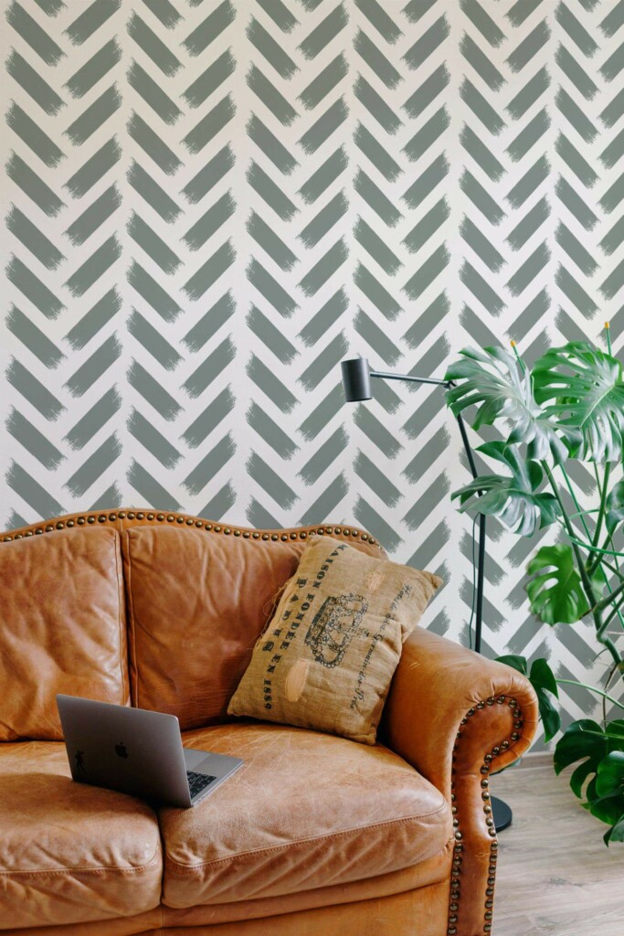 Mid-century modern style living room decorated with Painted herringbone peel and stick wallpaper