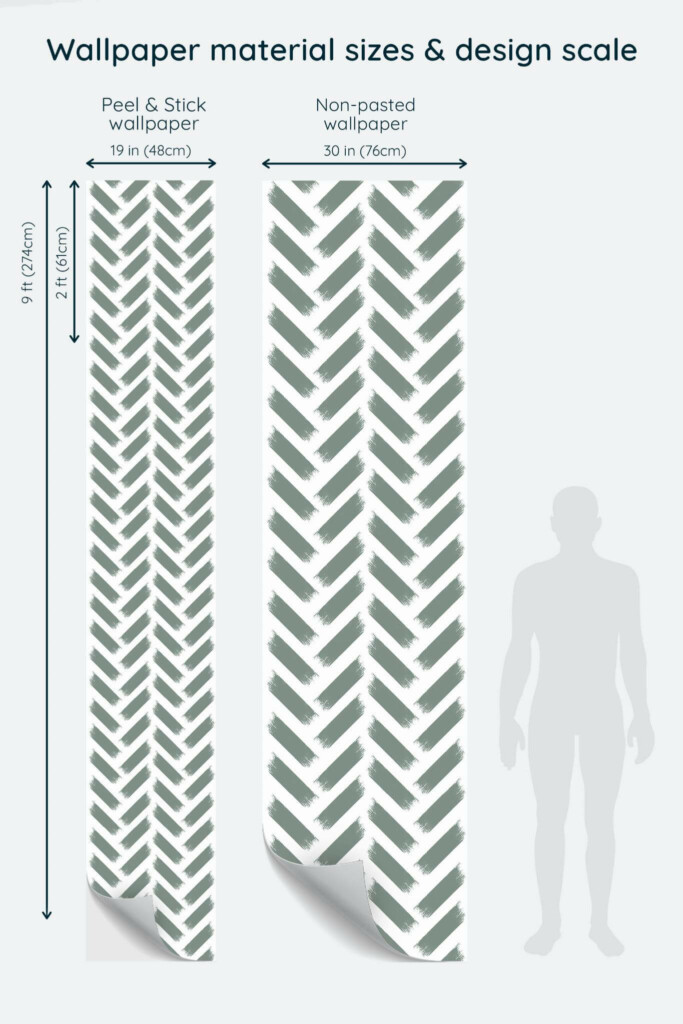 Size comparison of Painted herringbone Peel & Stick and Non-pasted wallpapers with design scale relative to human figure