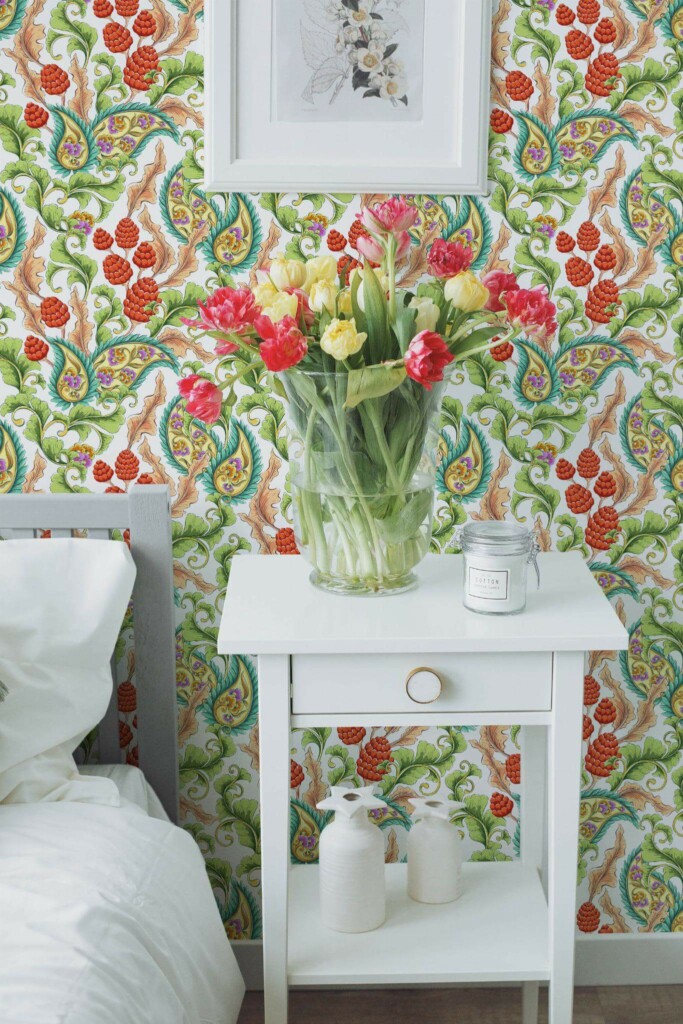 Farmhouse style bedroom decorated with Paisley blooming garden peel and stick wallpaper
