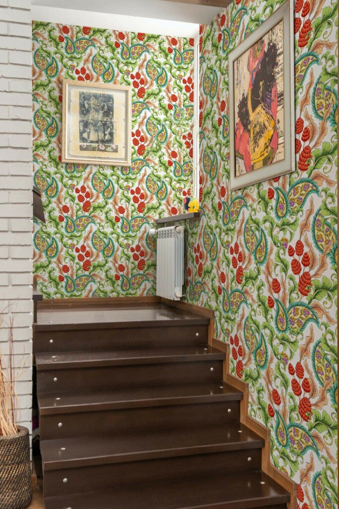 Mid-century style staircase decorated with Paisley blooming garden peel and stick wallpaper