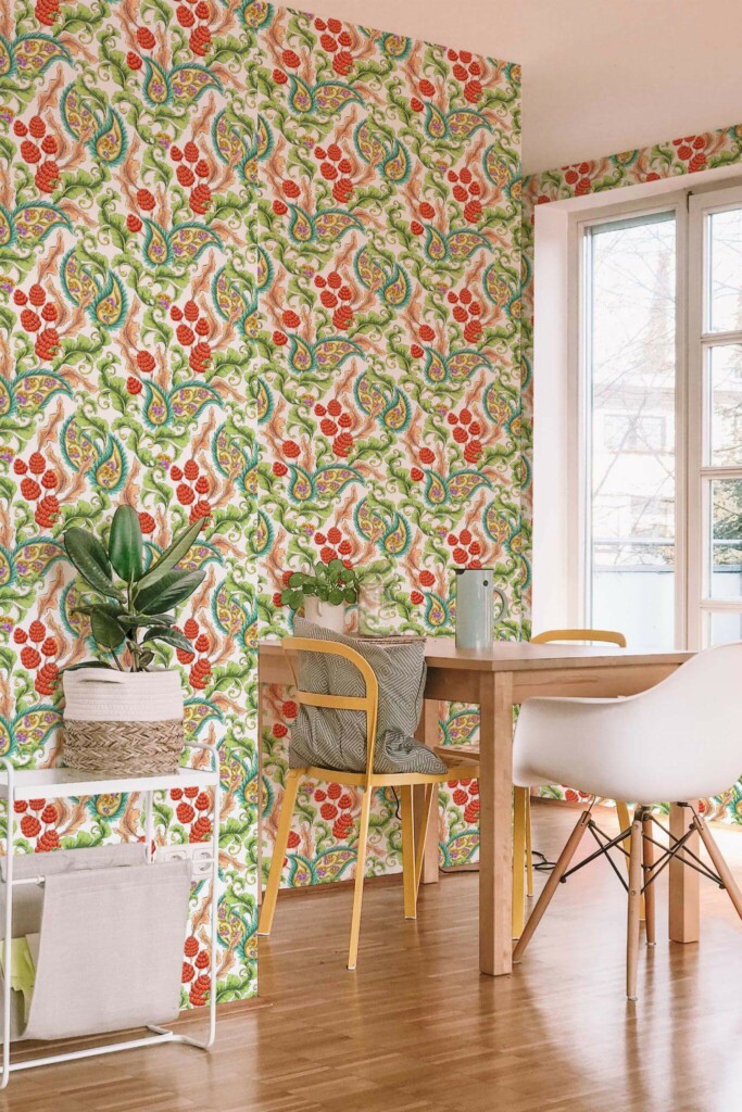 Minimal scandinavian style dining room decorated with Paisley blooming garden peel and stick wallpaper