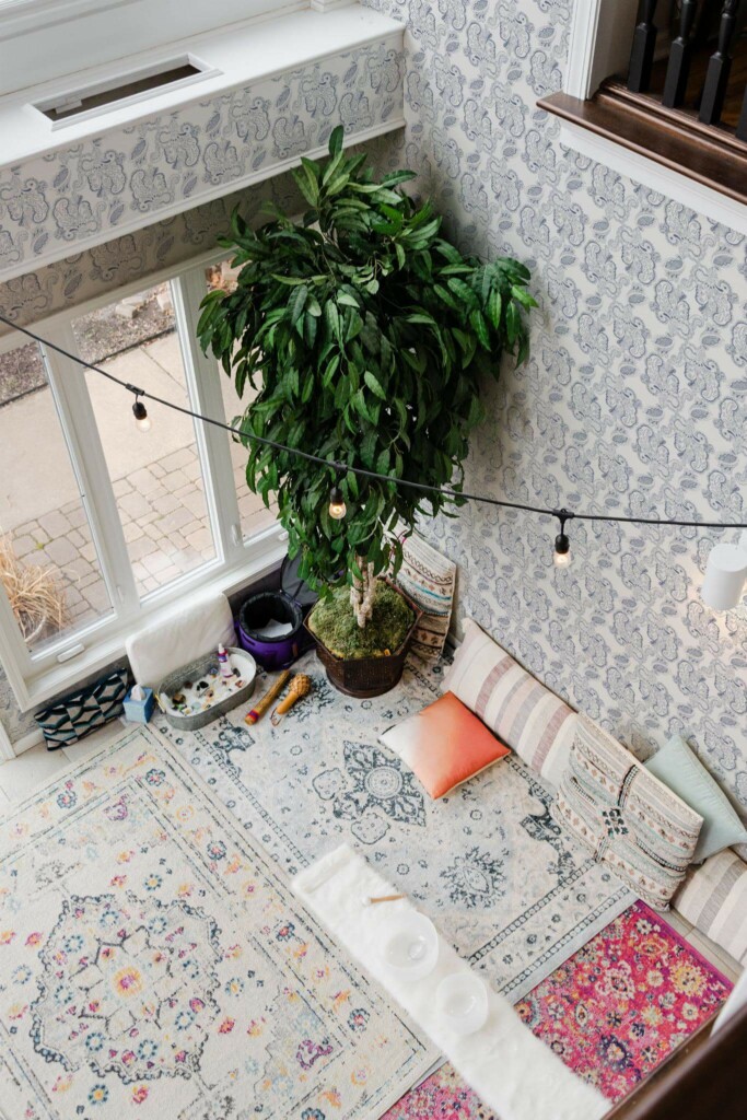Boho style yoga room decorated with Paisley peel and stick wallpaper