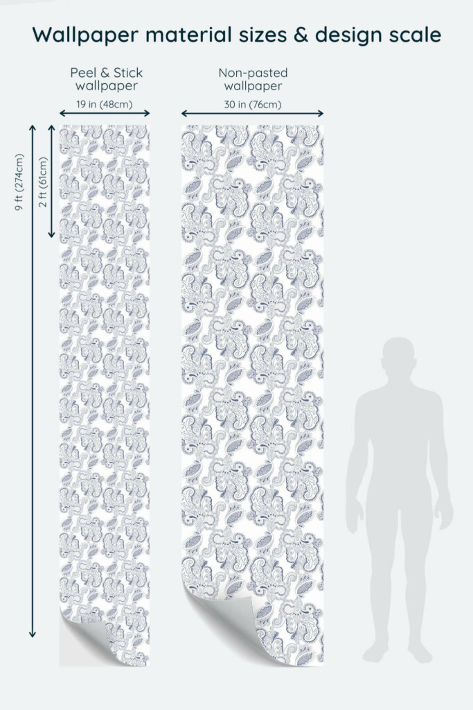 Size comparison of Paisley Peel & Stick and Non-pasted wallpapers with design scale relative to human figure