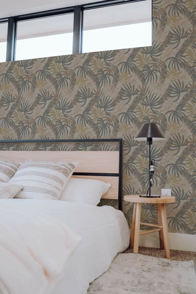Scandinavian style bedroom decorated with Palm brown peel and stick wallpaper