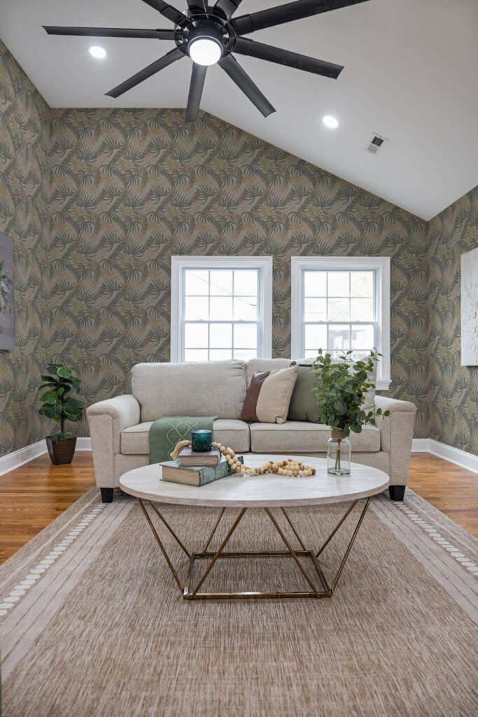 Scandinavian style living room decorated with Palm brown peel and stick wallpaper