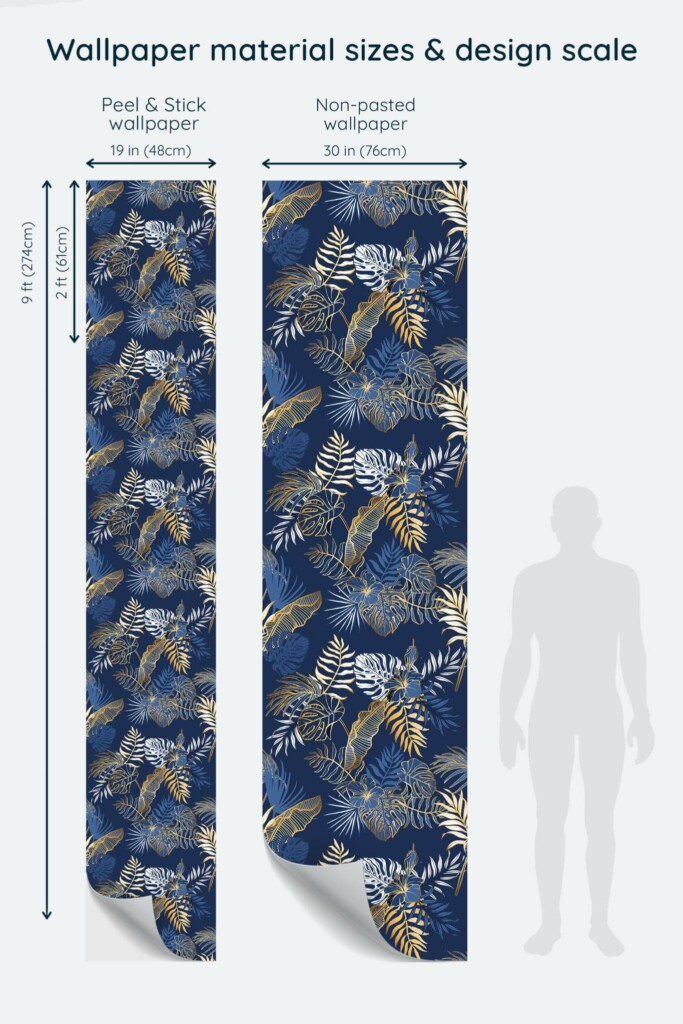 Size comparison of Palm leaf Peel & Stick and Non-pasted wallpapers with design scale relative to human figure