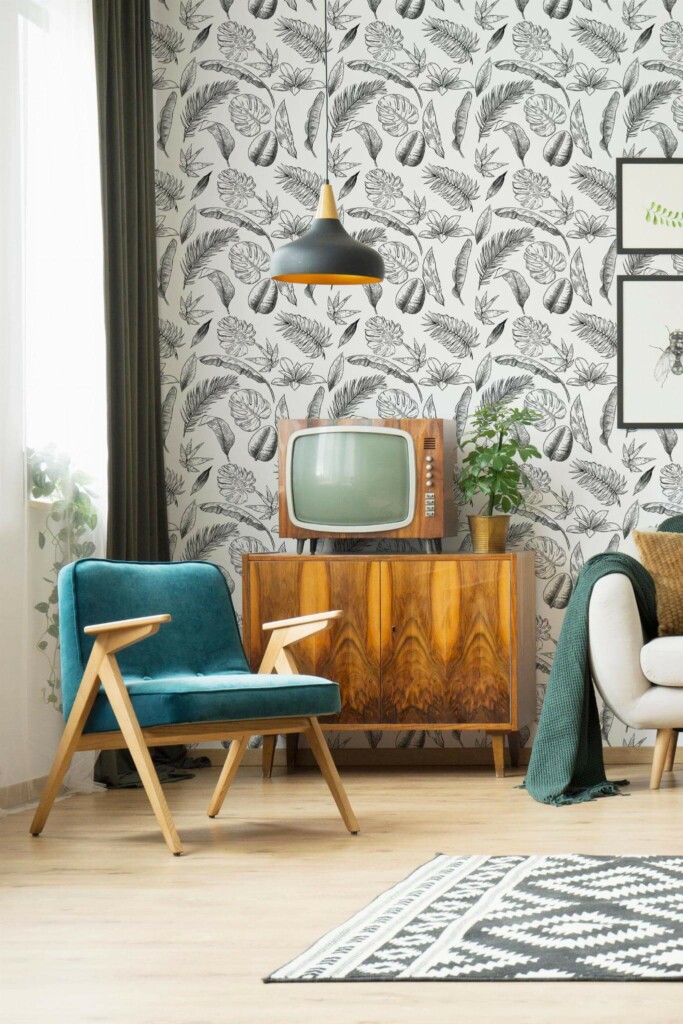 Mid-century modern style living room decorated with Palm leave sketches peel and stick wallpaper