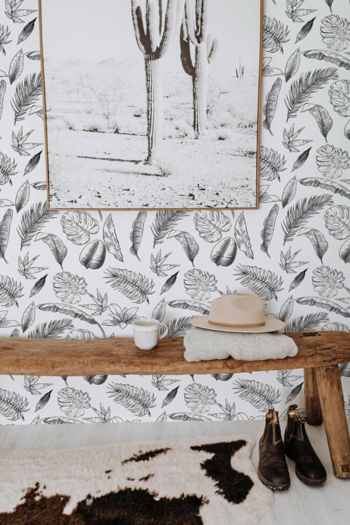 Scandinavian style entryway decorated with Palm leave sketches peel and stick wallpaper