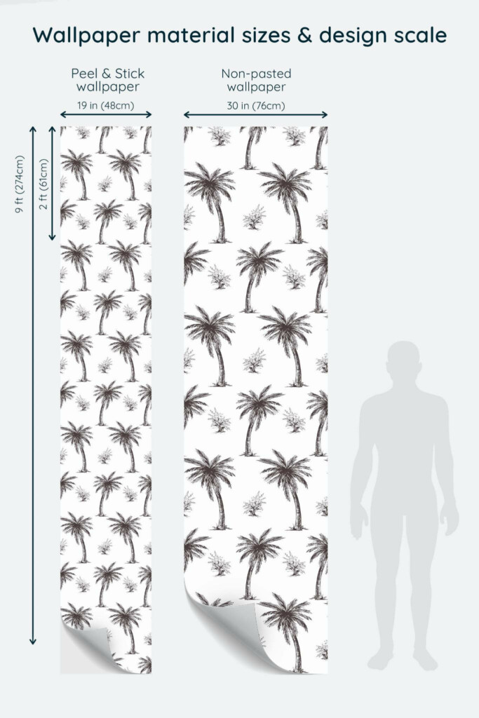 Size comparison of Palm toile pattern Peel & Stick and Non-pasted wallpapers with design scale relative to human figure