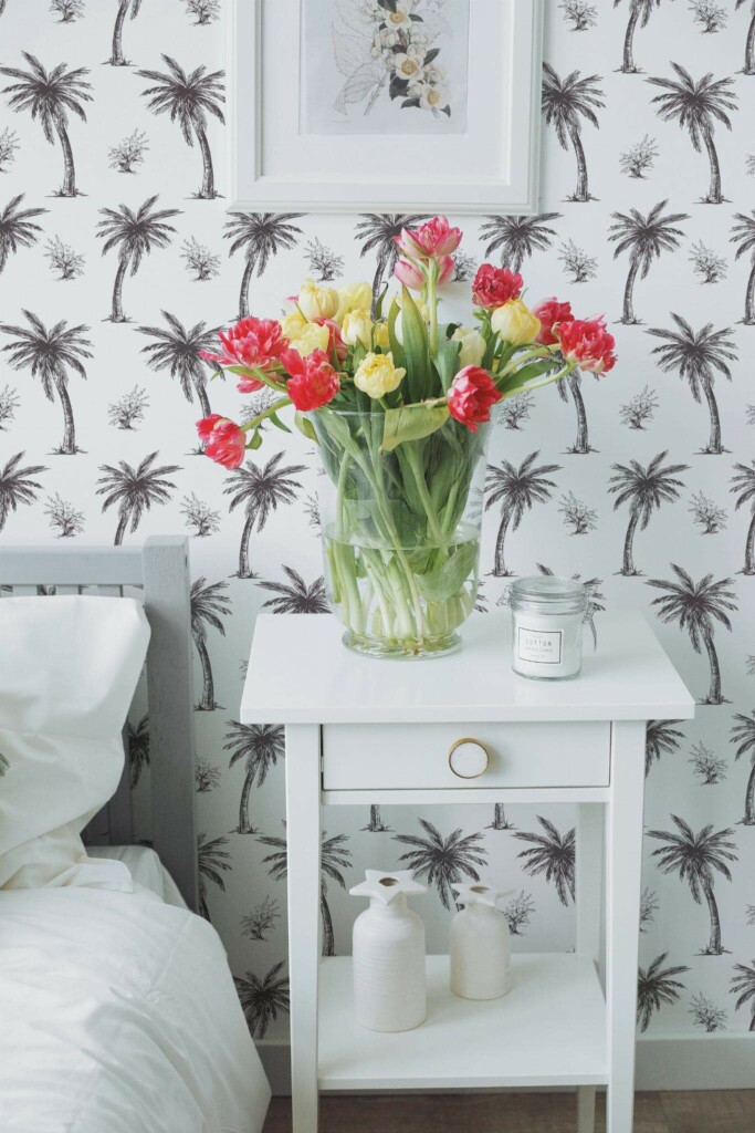 Farmhouse style bedroom decorated with Palm toile peel and stick wallpaper