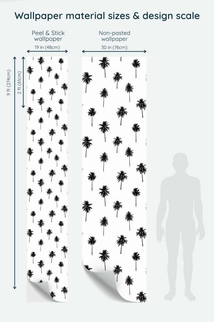 Size comparison of Palm tree Peel & Stick and Non-pasted wallpapers with design scale relative to human figure