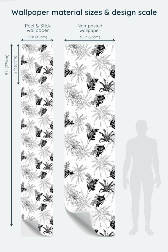 Size comparison of Palm Peel & Stick and Non-pasted wallpapers with design scale relative to human figure