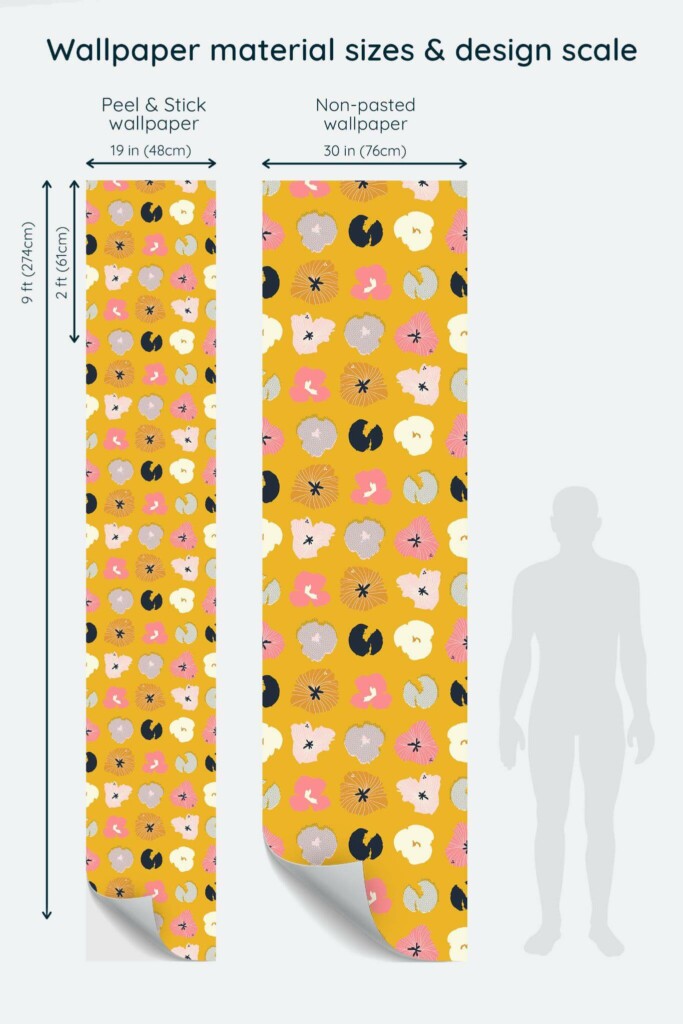 Size comparison of Pansy Peel & Stick and Non-pasted wallpapers with design scale relative to human figure