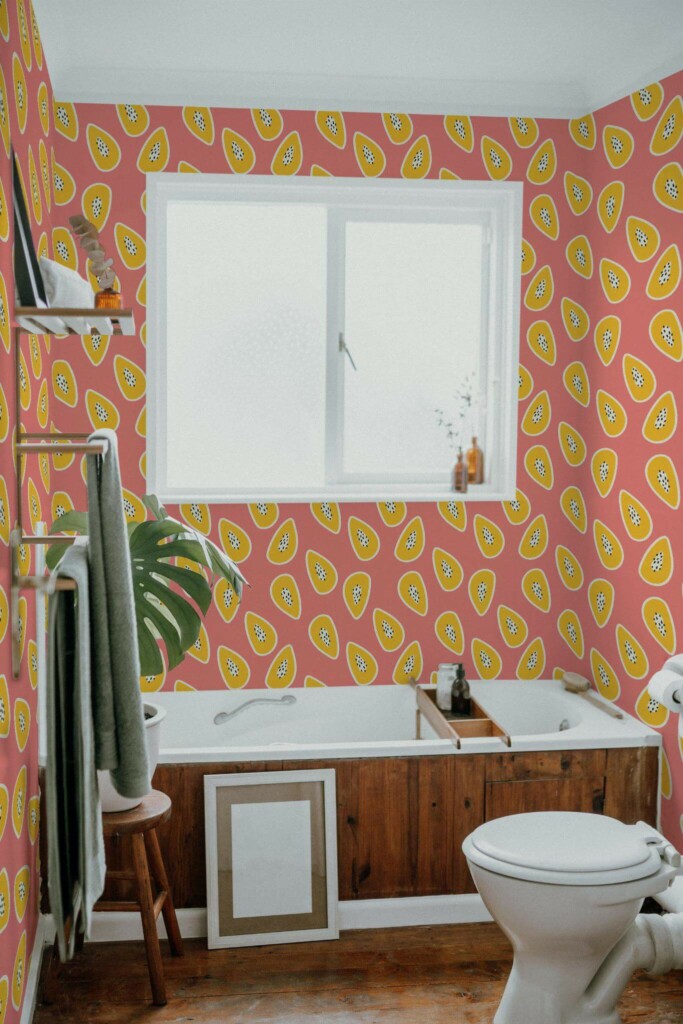 Boho farmhouse style bathroom decorated with Papaya peel and stick wallpaper