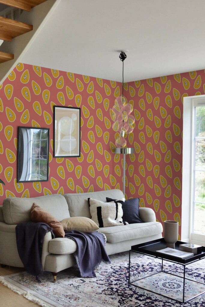 Contemporary style living room and kitchendecorated with Papaya peel and stick wallpaper