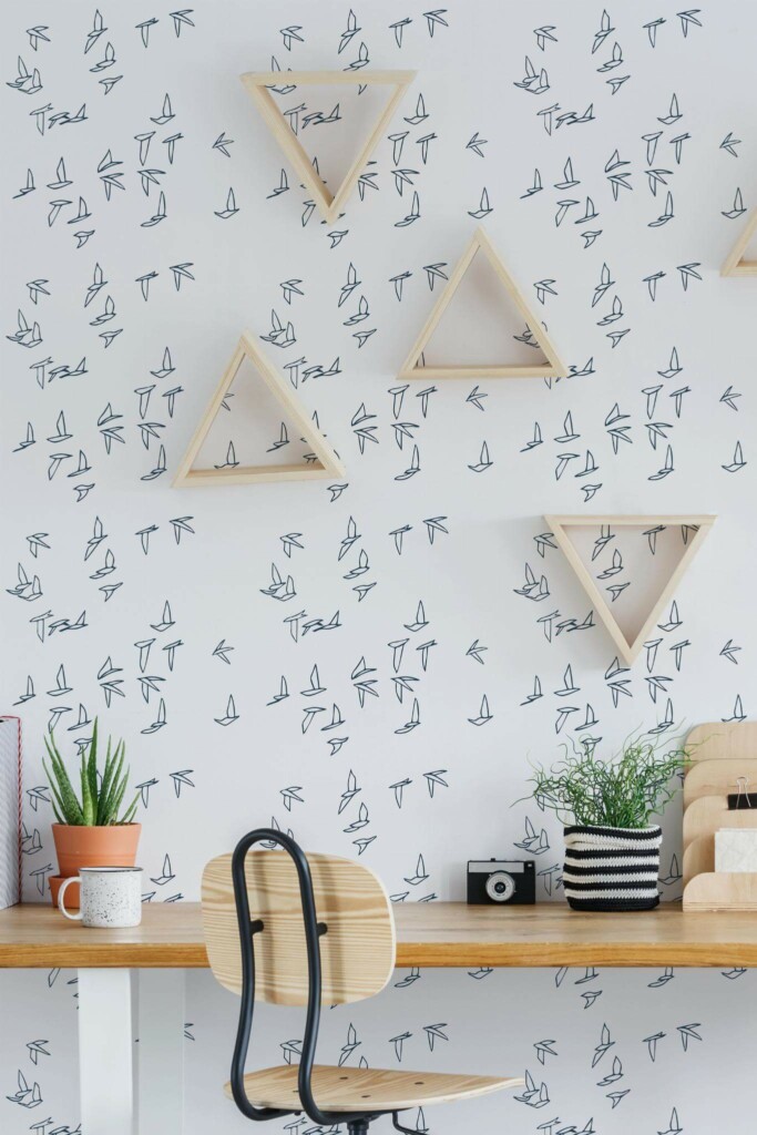 Scandinavian style home office decorated with Paper birds peel and stick wallpaper