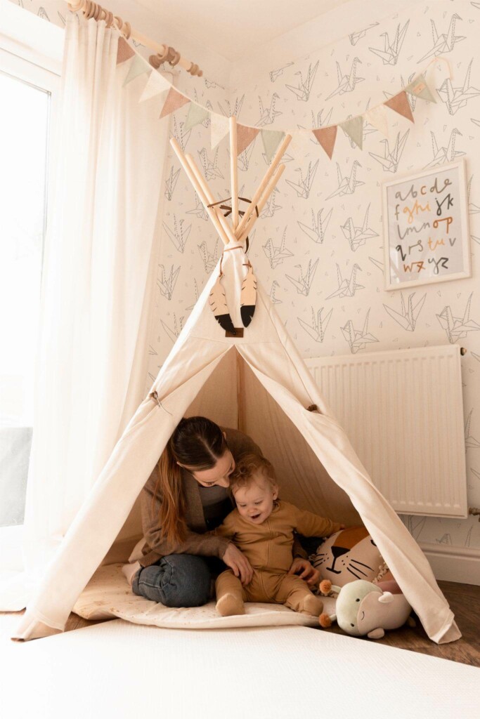 Bohemian style kids room decorated with Paper crane peel and stick wallpaper