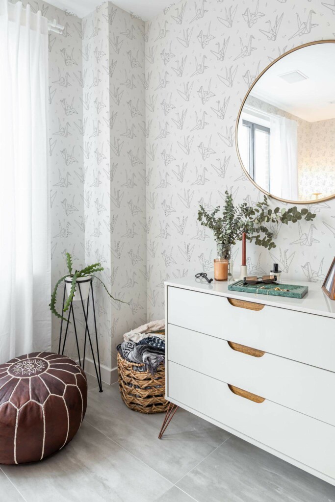 Scandinavian style bedroom decorated with Paper crane peel and stick wallpaper and Mediterranean accents