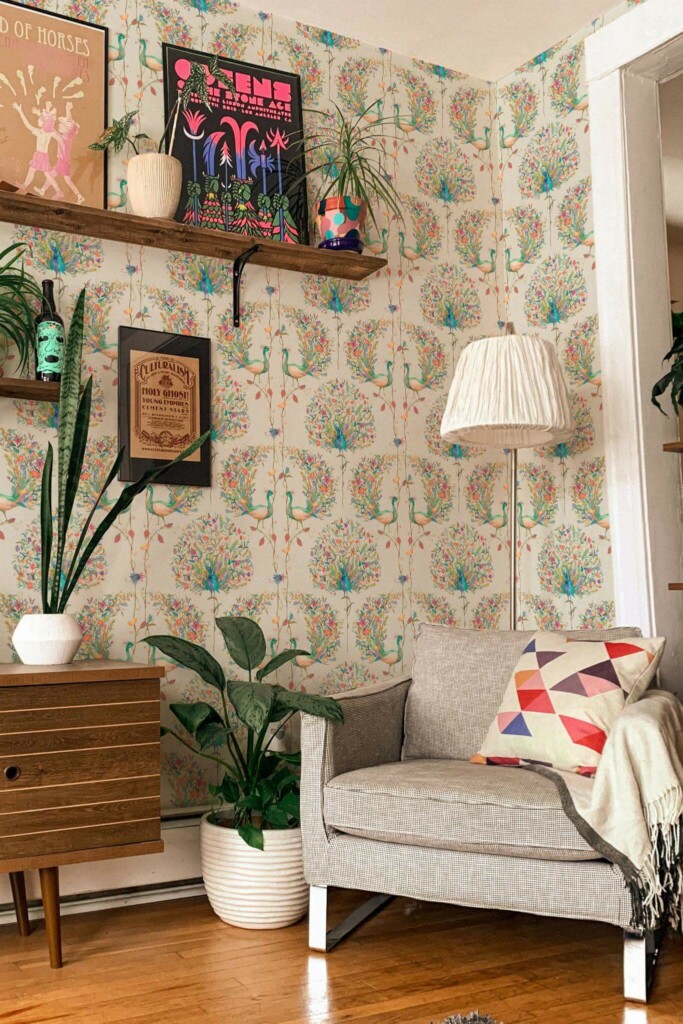 Eclectic style living room decorated with Paradise bird peel and stick wallpaper