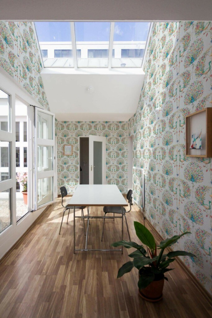 Minimal style dining room next to a balcony decorated with Paradise bird peel and stick wallpaper