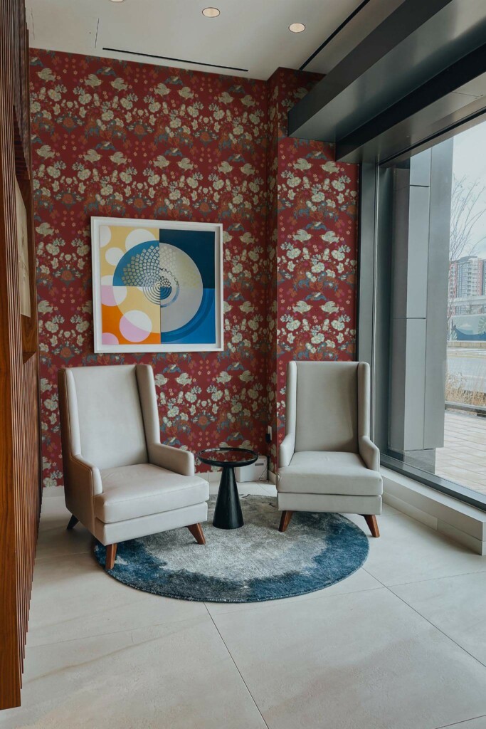 Mid-century-modern style living room decorated with Paradise birds peel and stick wallpaper