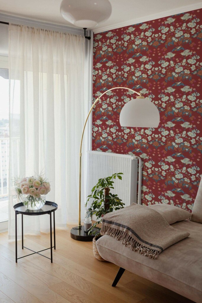 Bohemian Scandinavian style living room decorated with Paradise birds peel and stick wallpaper