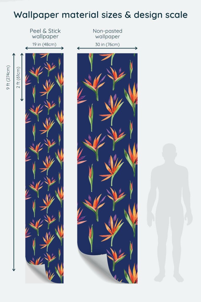Size comparison of Paradise Blues Peel & Stick and Non-pasted wallpapers with design scale relative to human figure