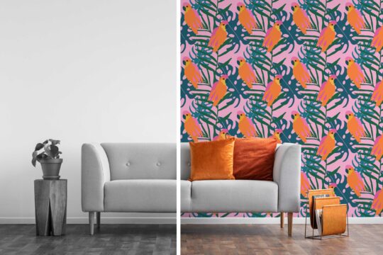 Pink Parrots peel and stick wallpaper by Fancy Walls
