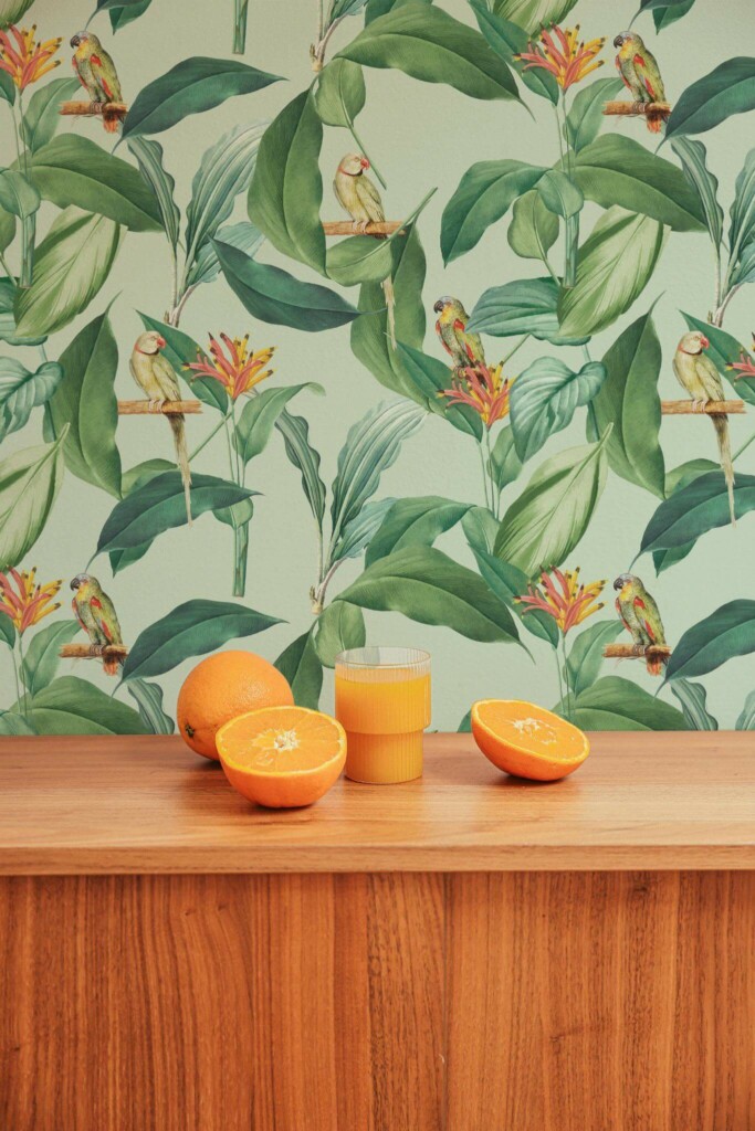Mid-century style living room decorated with Parrot leaf peel and stick wallpaper