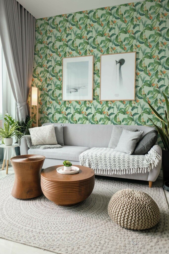 Modern scandinavian style living room decorated with Parrot leaf peel and stick wallpaper and green plants