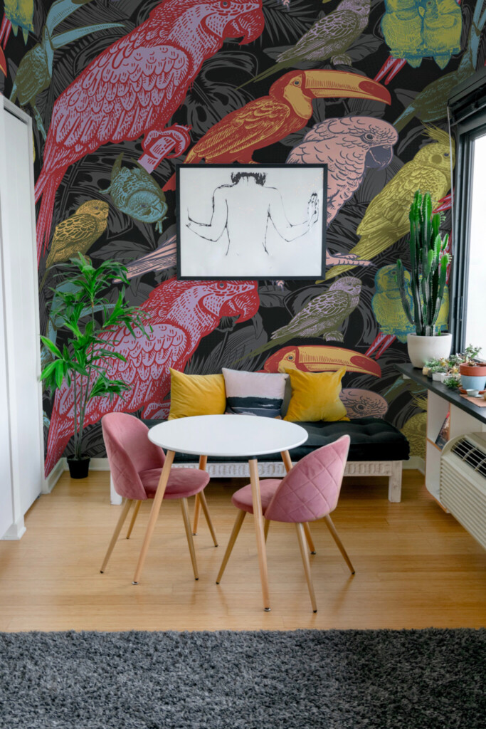 Removable wall mural displaying playful tropical birds in bright colors over a black vintage-themed layout by Fancy Walls