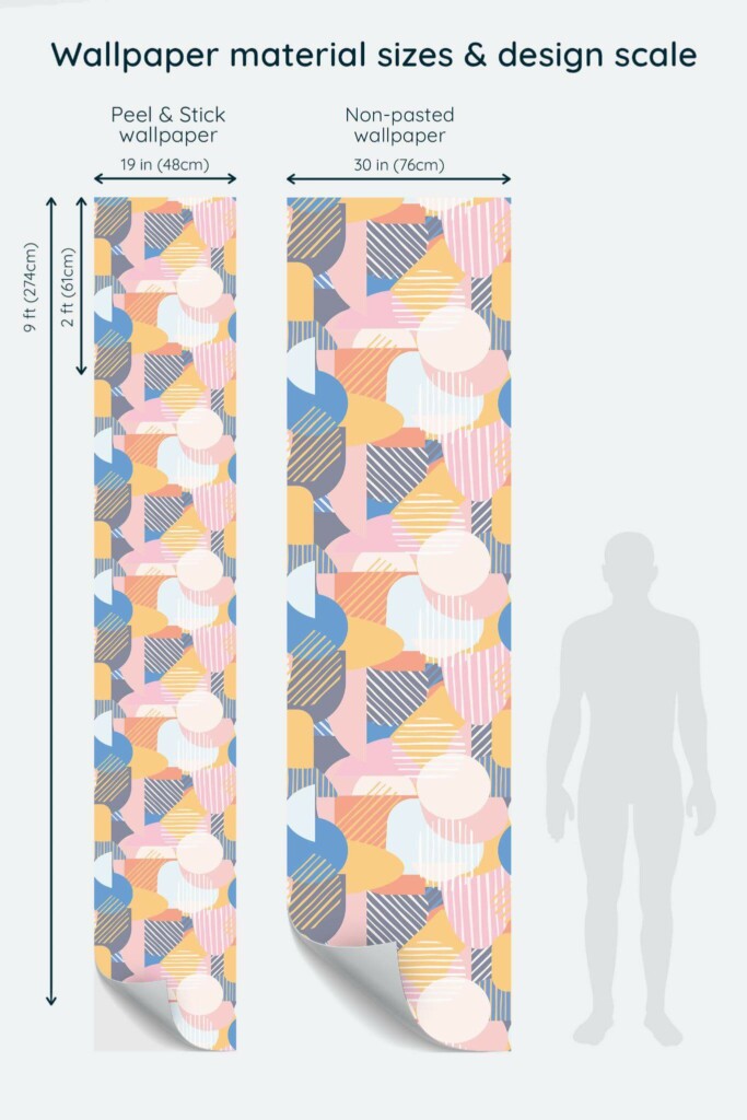 Size comparison of Pastel abstract geometric Peel & Stick and Non-pasted wallpapers with design scale relative to human figure