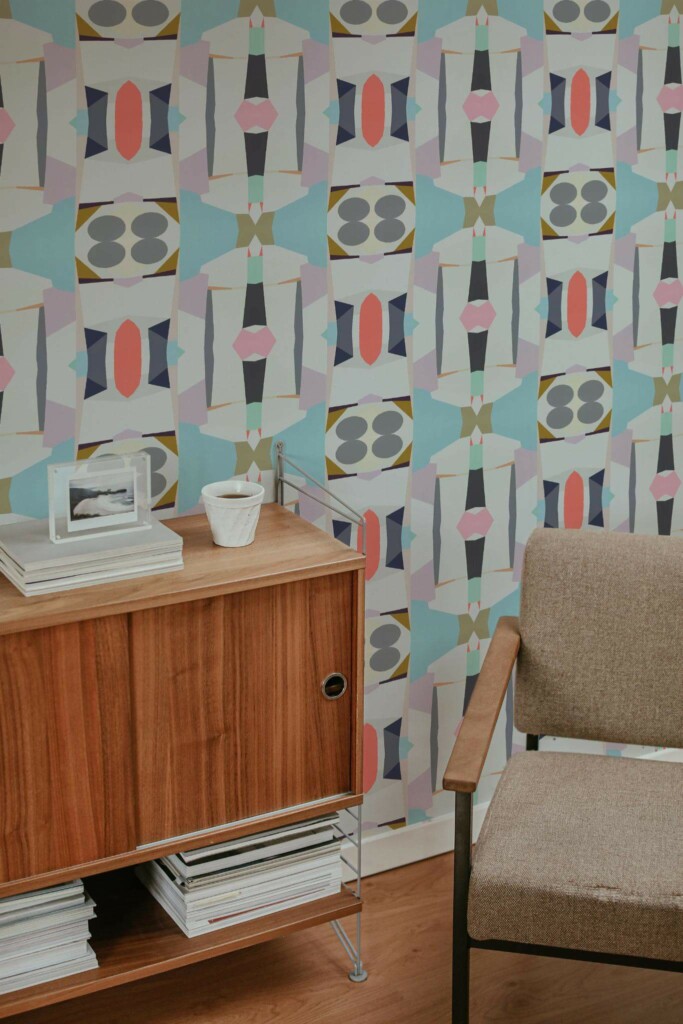 Mid-century style living room decorated with Pastel abstract shapes peel and stick wallpaper