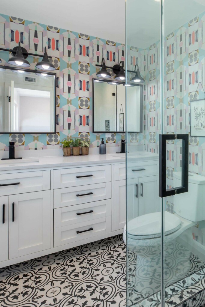 Rustic farmhouse style bathroom decorated with Pastel abstract shapes peel and stick wallpaper