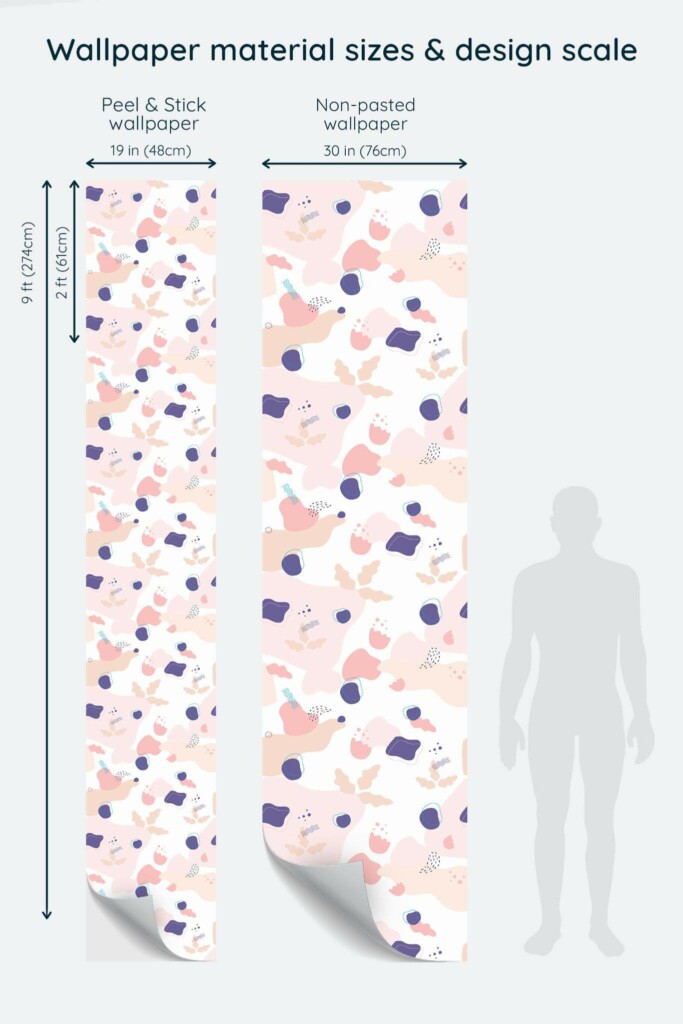 Size comparison of Pastel abstract Peel & Stick and Non-pasted wallpapers with design scale relative to human figure