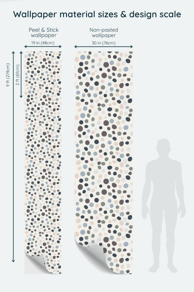 Size comparison of Pastel aesthetic dots Peel & Stick and Non-pasted wallpapers with design scale relative to human figure